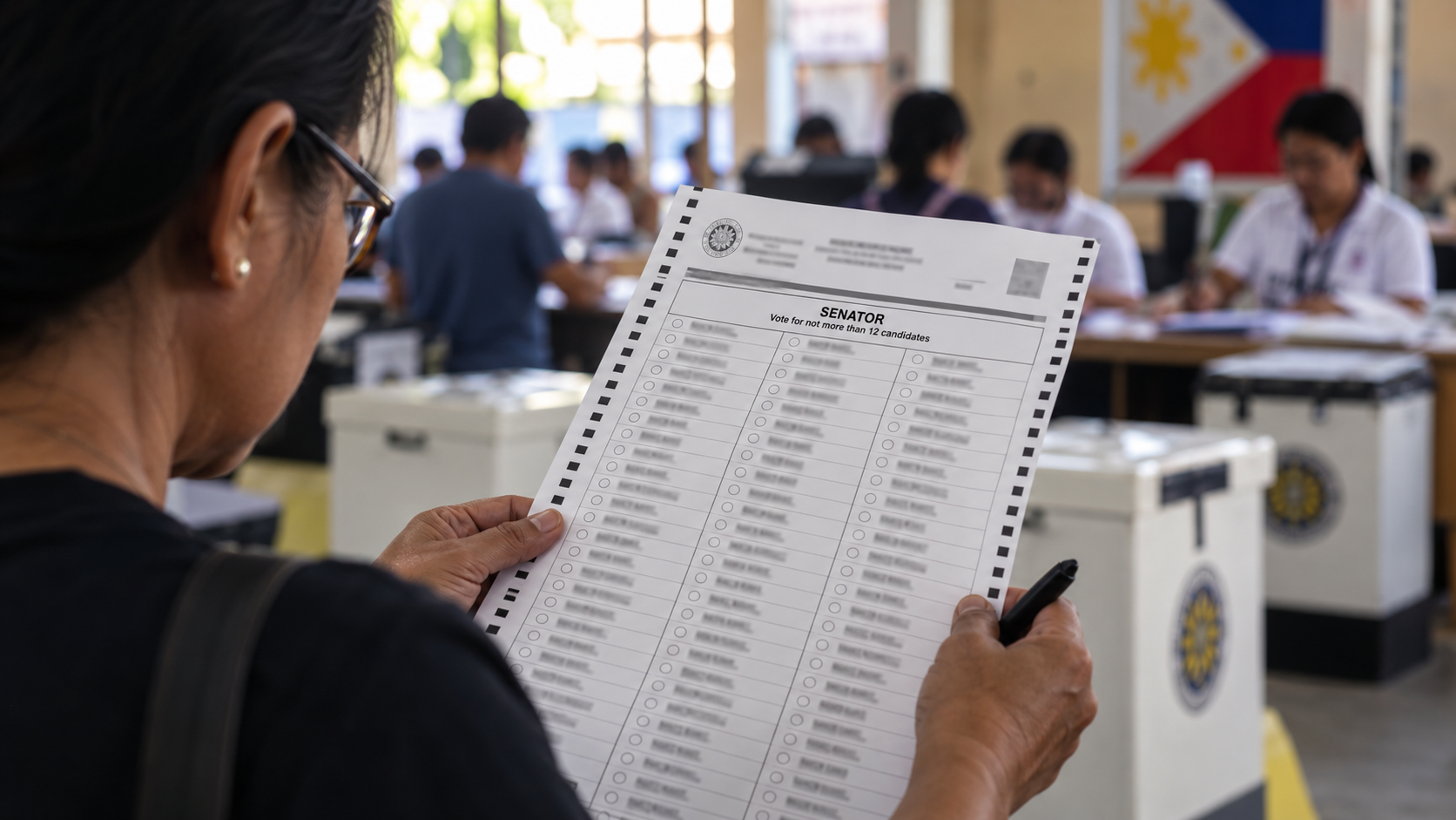 Filipino voter reviewing a Senate ballot during Philippine Senate elections